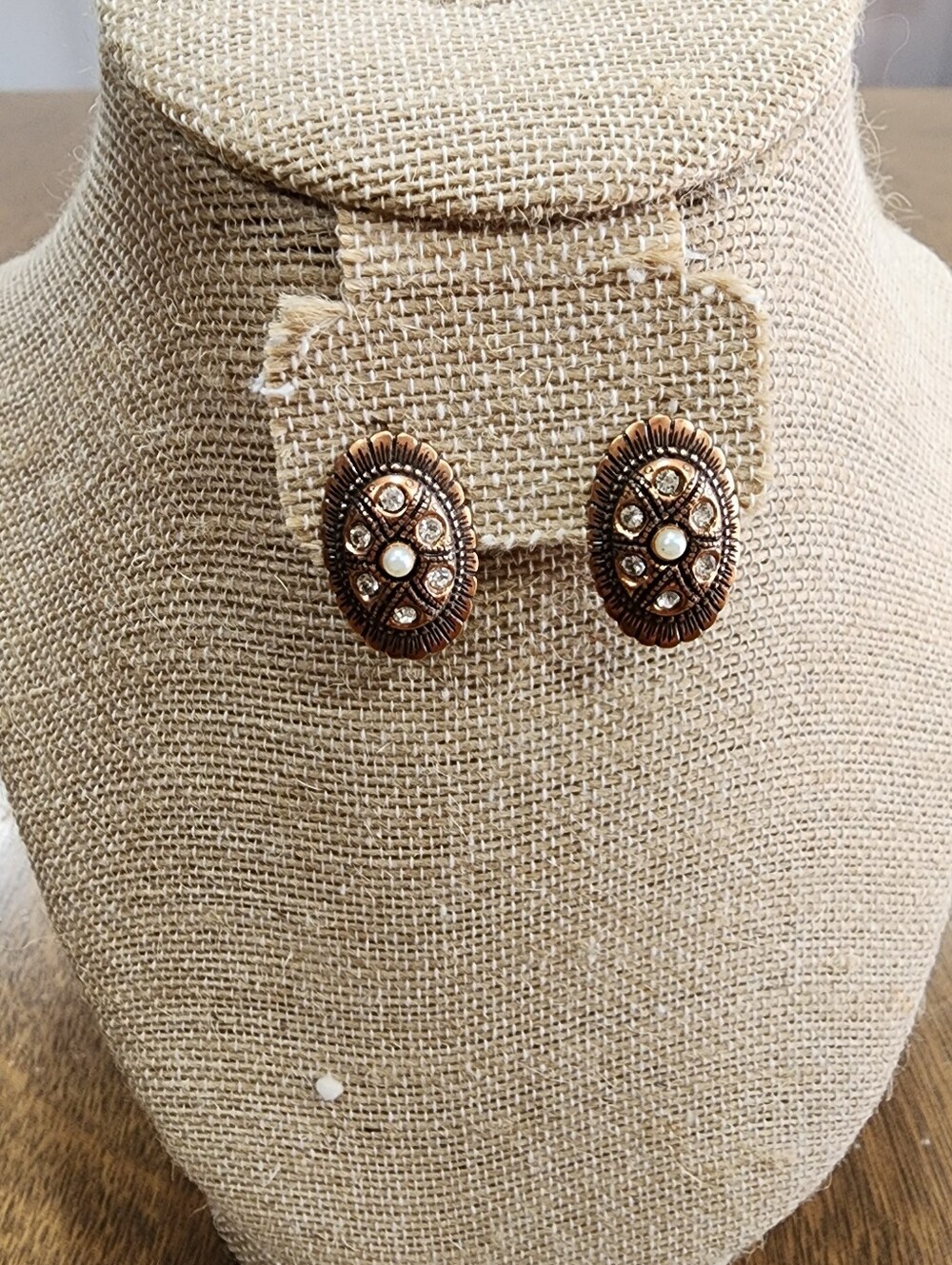 Vintage Style Antique Oval Stud Snap Earrings Faux Pearl Rhinestone